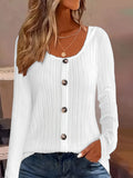 Ribbed Crew Neck Button-down Casual Long Sleeve