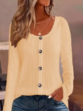 Ribbed Crew Neck Button-down Casual Long Sleeve