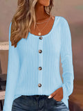 Ribbed Crew Neck Button-down Casual Long Sleeve