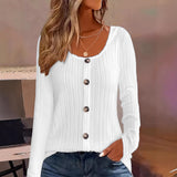 Ribbed Crew Neck Button-down Casual Long Sleeve