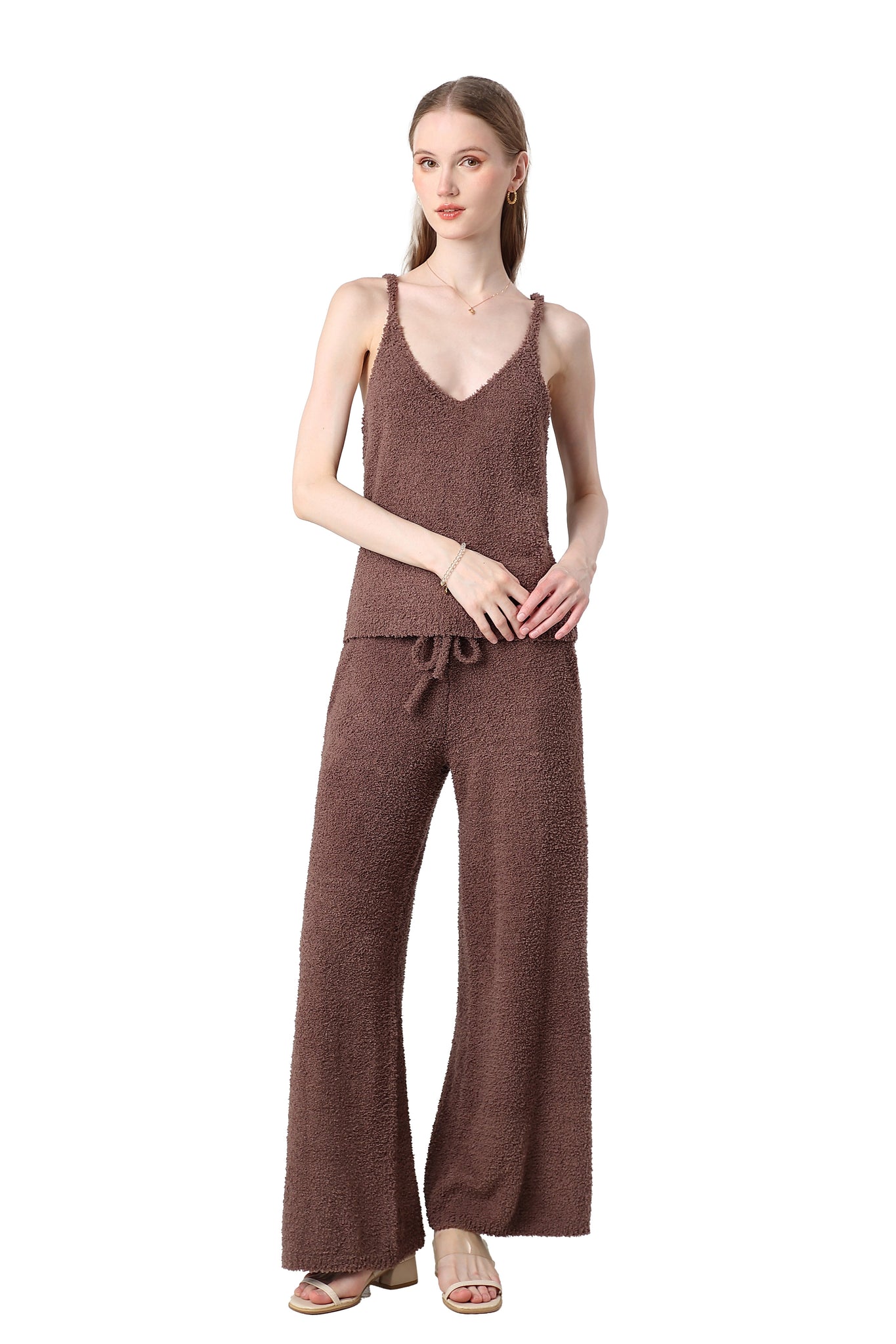 Women's Plush Two-piece Jumpsuit, Short-sleeved Bandeau Top, Wide-leg Pants, Eye-catching Outfit