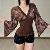 American-style Retro Floral-print V-neck Cinched-top