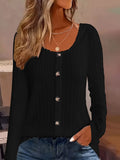 Ribbed Crew Neck Button-down Casual Long Sleeve