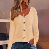 Ribbed Crew Neck Button-down Casual Long Sleeve