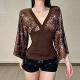 American-style Retro Floral-print V-neck Cinched-top