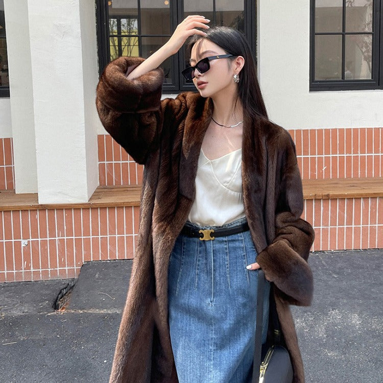 Vintage Mink Coat Caramel Color V-neck Elongated Style Women's
