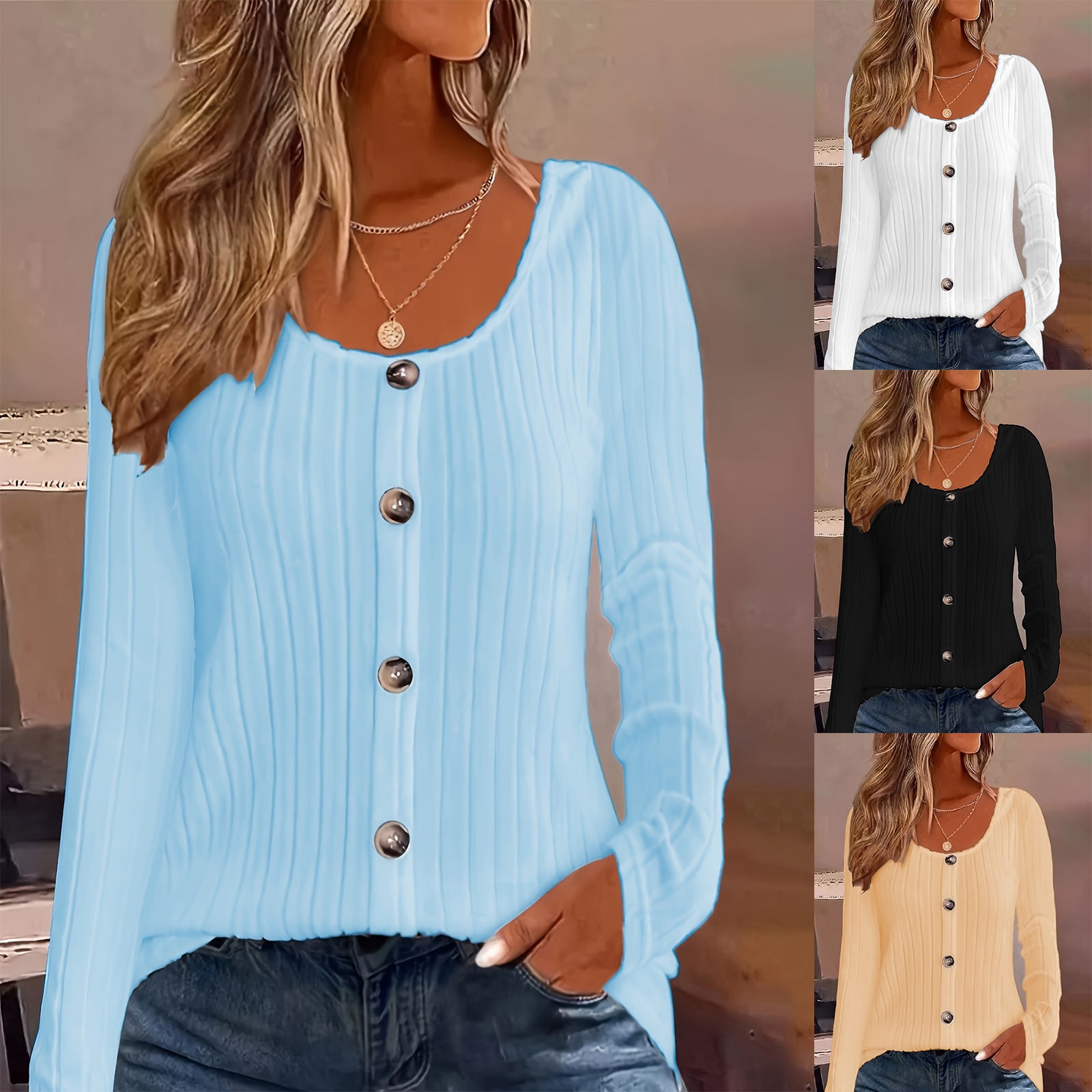 Ribbed Crew Neck Button-down Casual Long Sleeve
