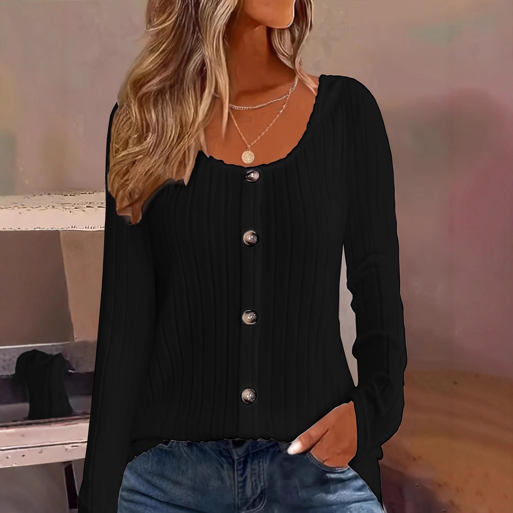 Ribbed Crew Neck Button-down Casual Long Sleeve