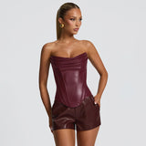 Women's PU Leather Fishbone-Strap Corset Sleeveless Top